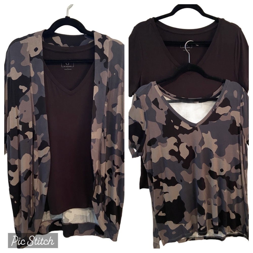 G by Giuliana Ecoluxe Knit Cocoon Cardigan & Tees 3 Piece Set Black Camo Size L